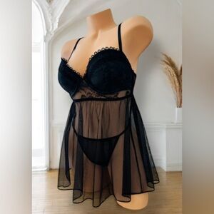 Victoria’s Secret Eyelash Lace Babydoll Lingerie Embroidered Black 36C - CUPS